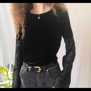 Vintage 90s black velvet top with floral sleeves